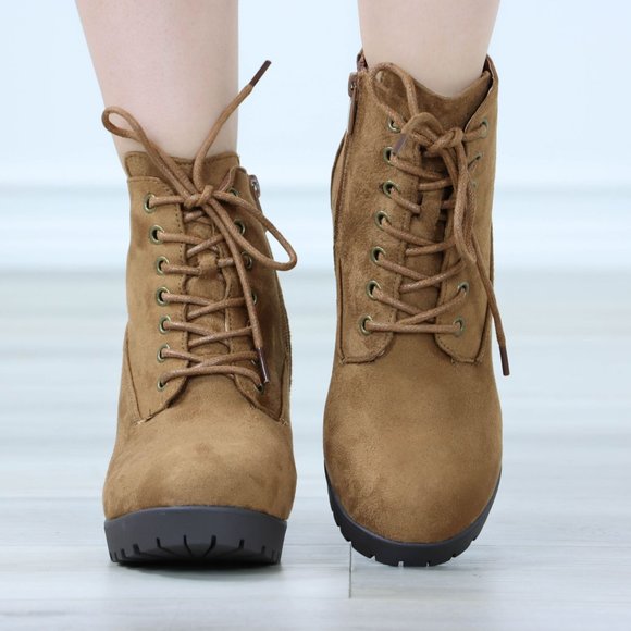 Tan Ankle Boots Chunky Block Lug High Heel Booties Lace-Up - Picture 8 of 12